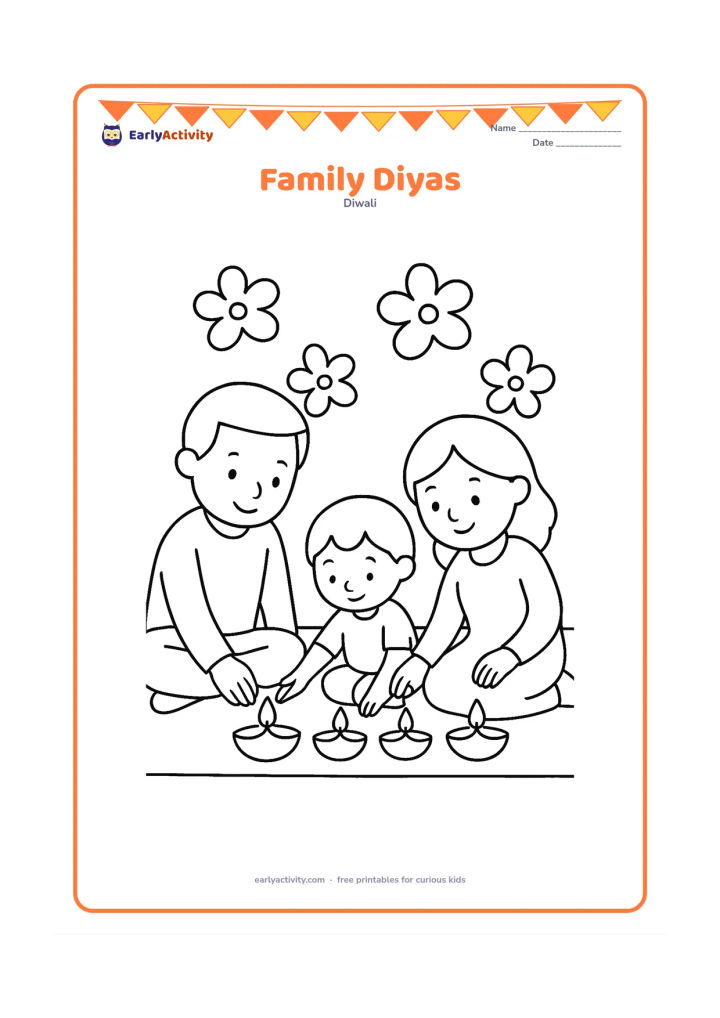 Colouring page: Two adults and one child sit together on a floor mat, each placing a large diya in a neat row. Include a plain wall and a few large flower shapes.