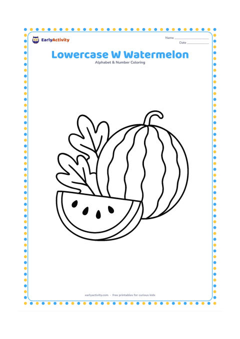 Colouring page: Draw one large watermelon cut into a wedge beside a whole watermelon, with a few broad leaves. Show the juicy fruit and a small group of large seeds without adding any lettering.