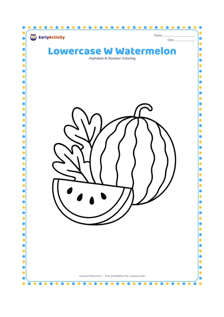 Colouring page: Draw one large watermelon cut into a wedge beside a whole watermelon, with a few broad leaves. Show the juicy fruit and a small group of large seeds without adding any lettering.