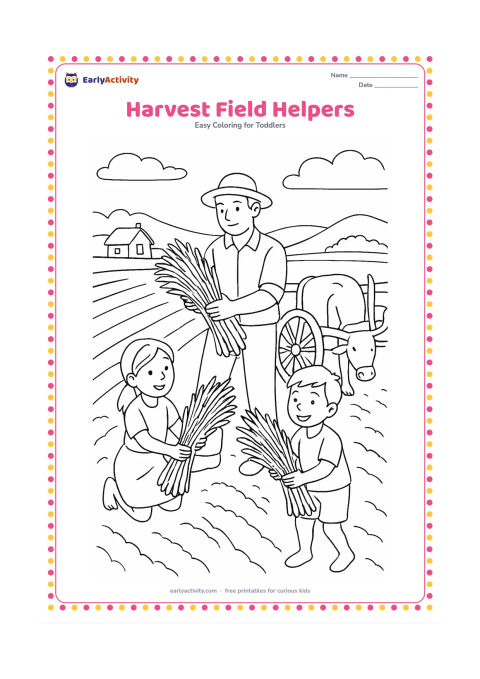 Colouring page: Draw two children helping an adult gather sheaves in a field, with a bullock cart, rows of crops, a small farmhouse and low hills in the distance.