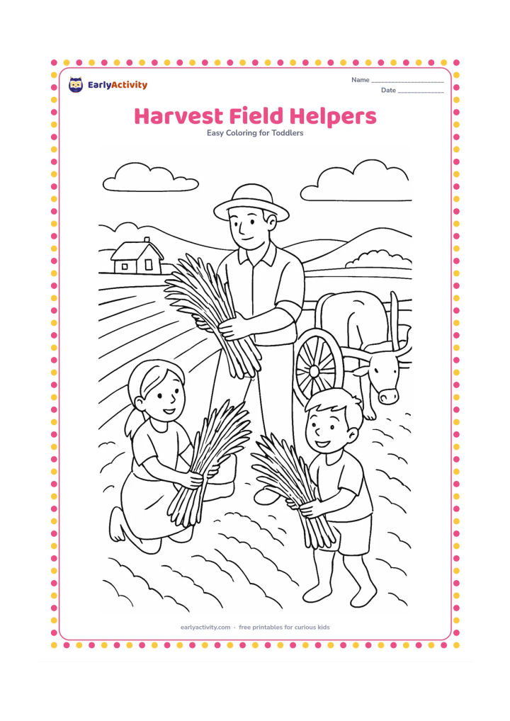 Colouring page: Draw two children helping an adult gather sheaves in a field, with a bullock cart, rows of crops, a small farmhouse and low hills in the distance.