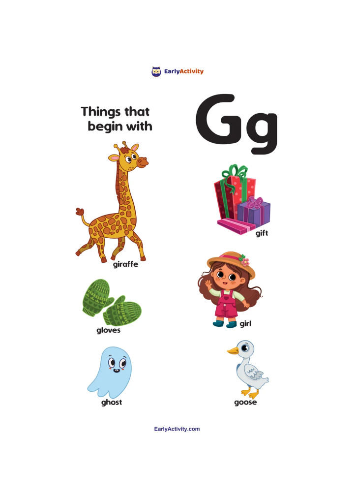 Worksheet showing uppercase and lowercase G with pictures of a giraffe, gift, girl, ghost and goose.