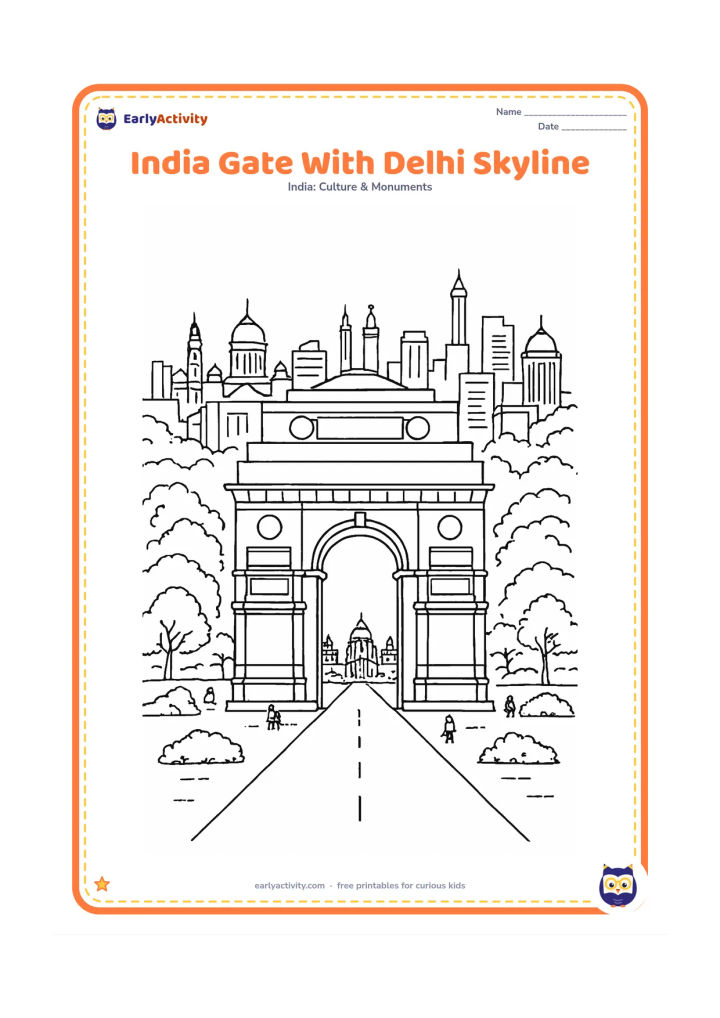 Colouring page: Draw a detailed India Gate in the foreground with a distant New Delhi skyline of varied domes, rooftops and modern buildings behind it. Add a broad avenue, trees and small visitors.