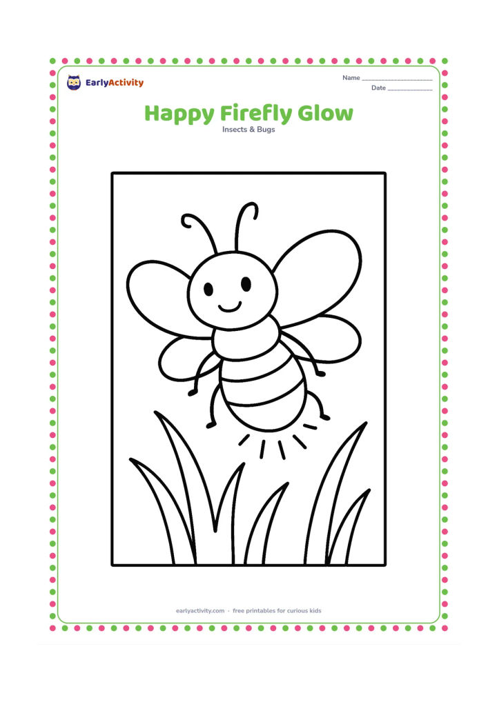 Colouring page: Draw one friendly firefly with a large rounded body, open wings, six simple legs, and a bright glowing lower abdomen. Place it in the centre with two or three large grass blades beneath it.