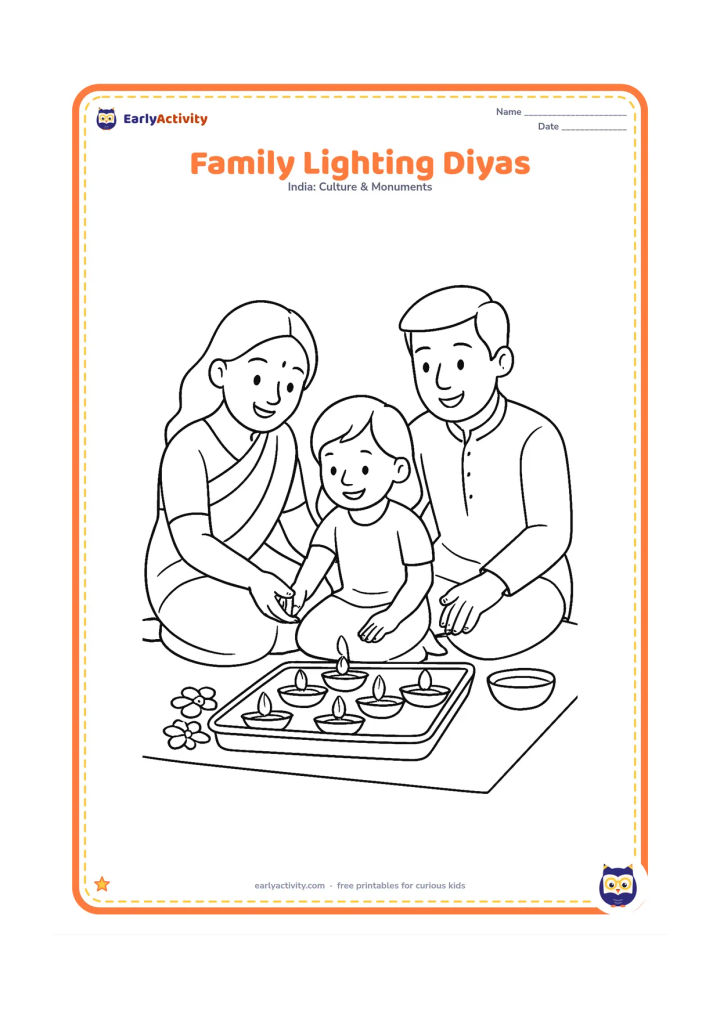 Colouring page: Two adults and one child sit together on a floor mat near a low tray of diyas, with flowers and a small bowl of oil nearby; the adults are supervising the child.