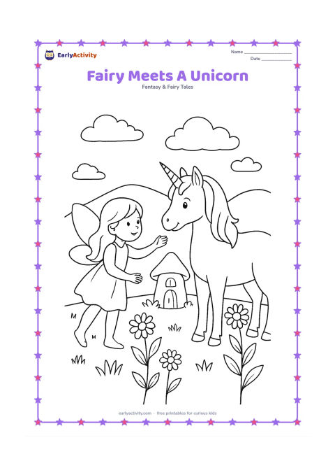 Colouring page: A fairy reaches out to greet a friendly unicorn in a meadow. Include a small fairy house, tall flowers, rolling hills and a few soft clouds.