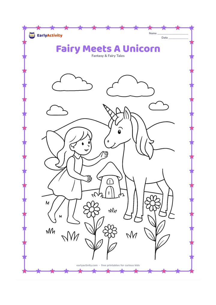 Colouring page: A fairy reaches out to greet a friendly unicorn in a meadow. Include a small fairy house, tall flowers, rolling hills and a few soft clouds.