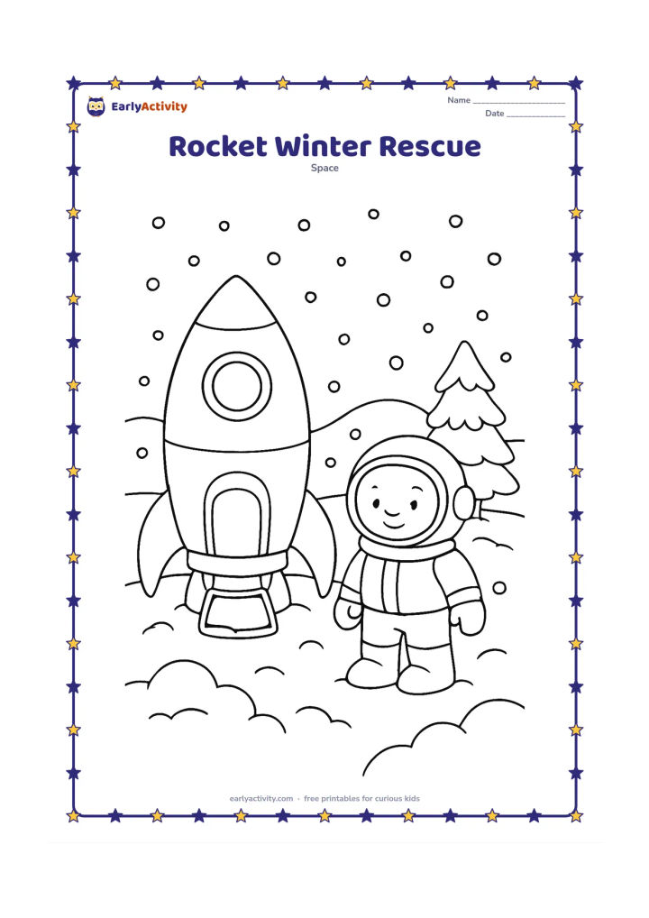 Colouring page: Show a friendly rescue rocket landing on a snowy plain beside a bundled astronaut, with snow-covered hills, pine trees, falling snow and a small open supply hatch. Keep the scene calm…