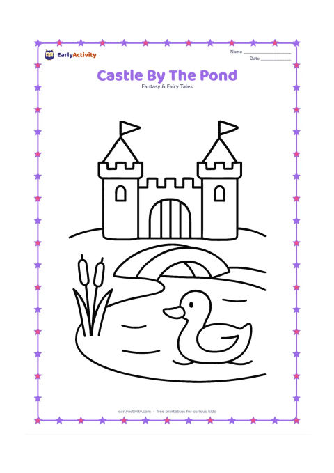 Colouring page: Draw a small castle beside a calm pond, with two towers, a gate, a bridge over a little stream, reeds, and a friendly duck in the foreground. Keep the castle and duck large and clearly…