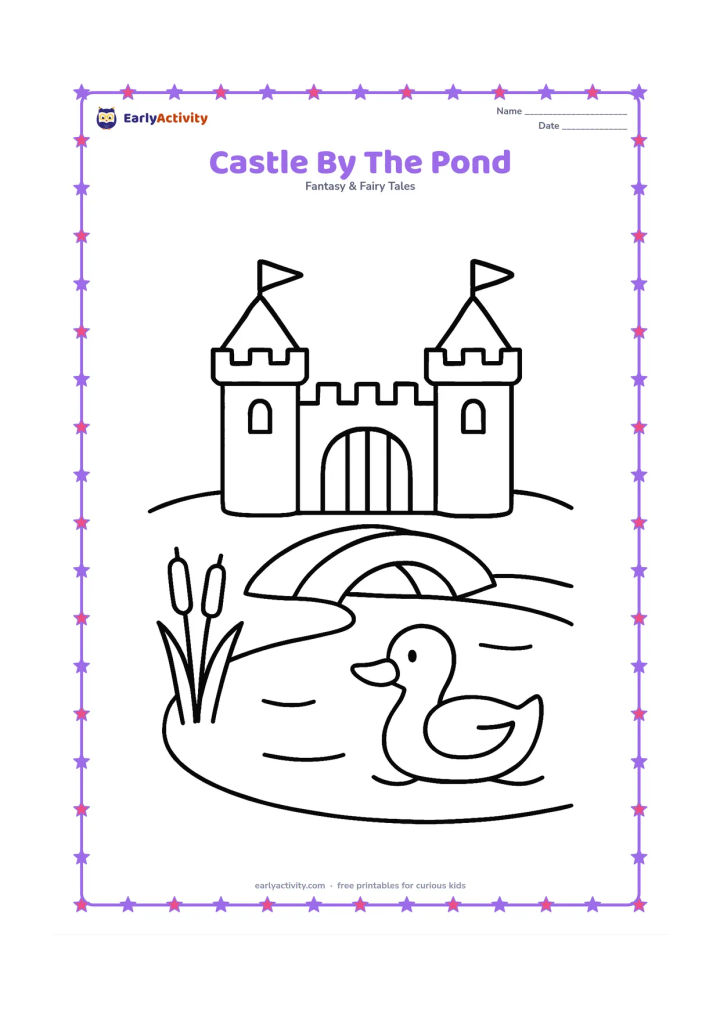 Colouring page: Draw a small castle beside a calm pond, with two towers, a gate, a bridge over a little stream, reeds, and a friendly duck in the foreground. Keep the castle and duck large and clearly…