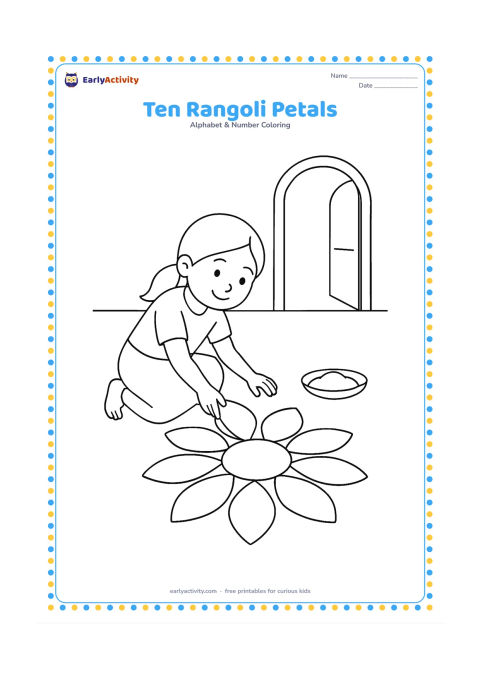 Colouring page: Draw exactly ten large flower petals arranged around a simple central circle on a floor rangoli, with a child placing one petal during a festive morning. Add a doorway and a small plate,…