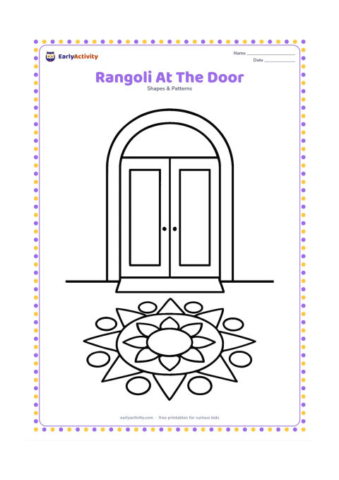 Colouring page: Draw a large, simple rangoli made from a repeating ring of circles, triangles, and curved petals outside an Indian doorway. Add two broad door panels and a small open threshold area.
