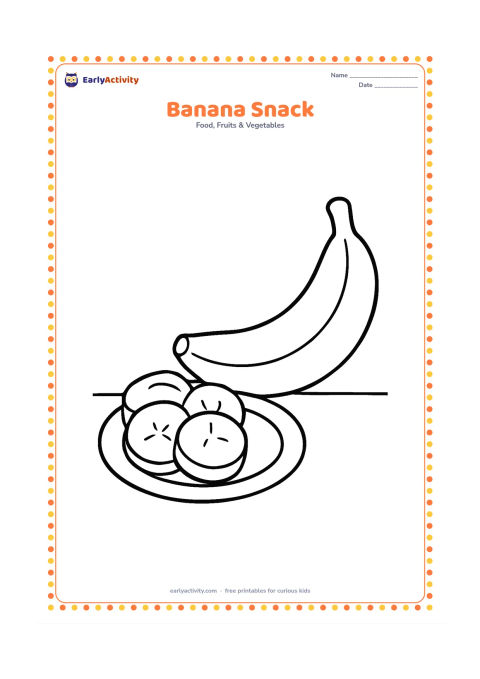 Colouring page: Draw a sliced banana on a small plate beside one whole banana. Use only a few large round slices and a simple table line.