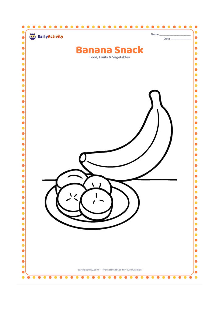 Colouring page: Draw a sliced banana on a small plate beside one whole banana. Use only a few large round slices and a simple table line.