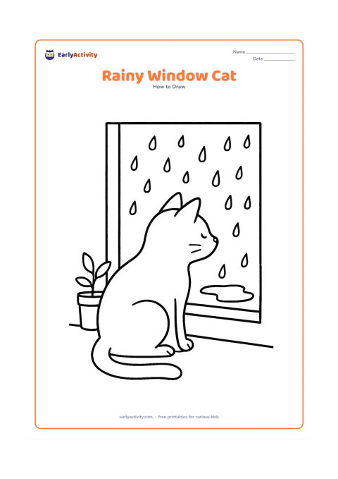 Worksheet: Draw a cat sitting indoors beside a window with raindrops outside, its nose close to the glass and tail curled around its paws. Include a low sill, one small plant pot, and a puddle…