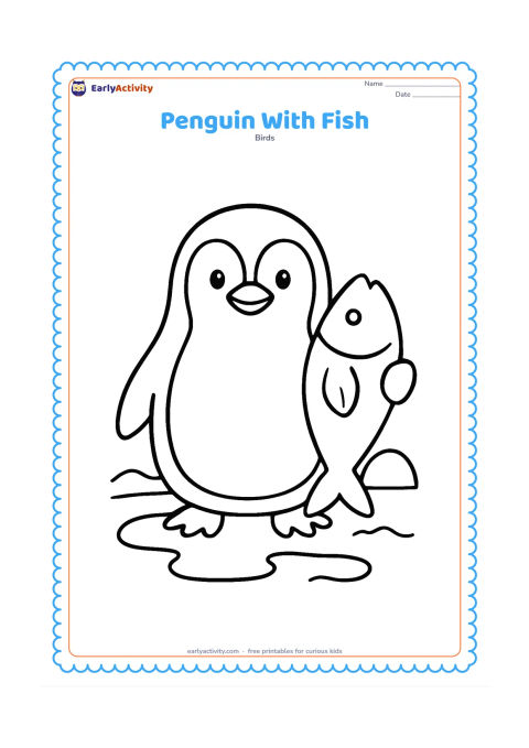 Colouring page: Draw a standing penguin holding one large fish in its flipper beside a simple water puddle. Add two smooth waves and a rounded rock behind the penguin.