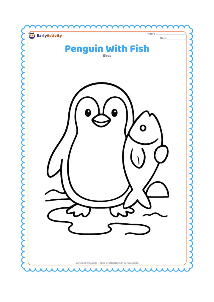 Colouring page: Draw a standing penguin holding one large fish in its flipper beside a simple water puddle. Add two smooth waves and a rounded rock behind the penguin.