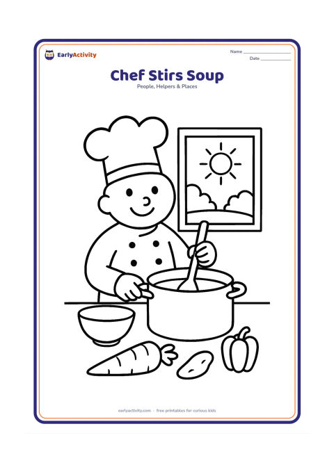 Colouring page: A smiling chef stirs a large pot on a safe kitchen counter, with a mixing bowl, spoon, vegetables and a window showing a sunny garden. No stove flames or small kitchen clutter are needed.