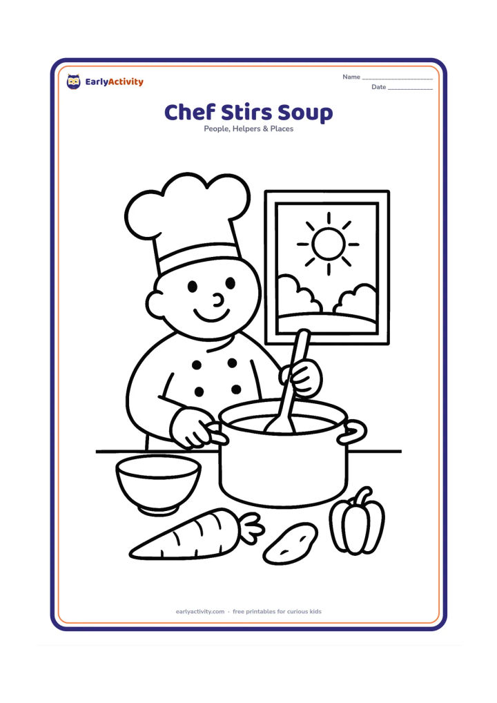 Colouring page: A smiling chef stirs a large pot on a safe kitchen counter, with a mixing bowl, spoon, vegetables and a window showing a sunny garden. No stove flames or small kitchen clutter are needed.