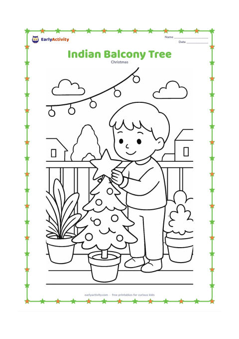 Colouring page: A child decorates a small Christmas tree on an apartment balcony, with potted plants, a simple railing, hanging lights and distant rooftops. Include a large star ornament held in the…