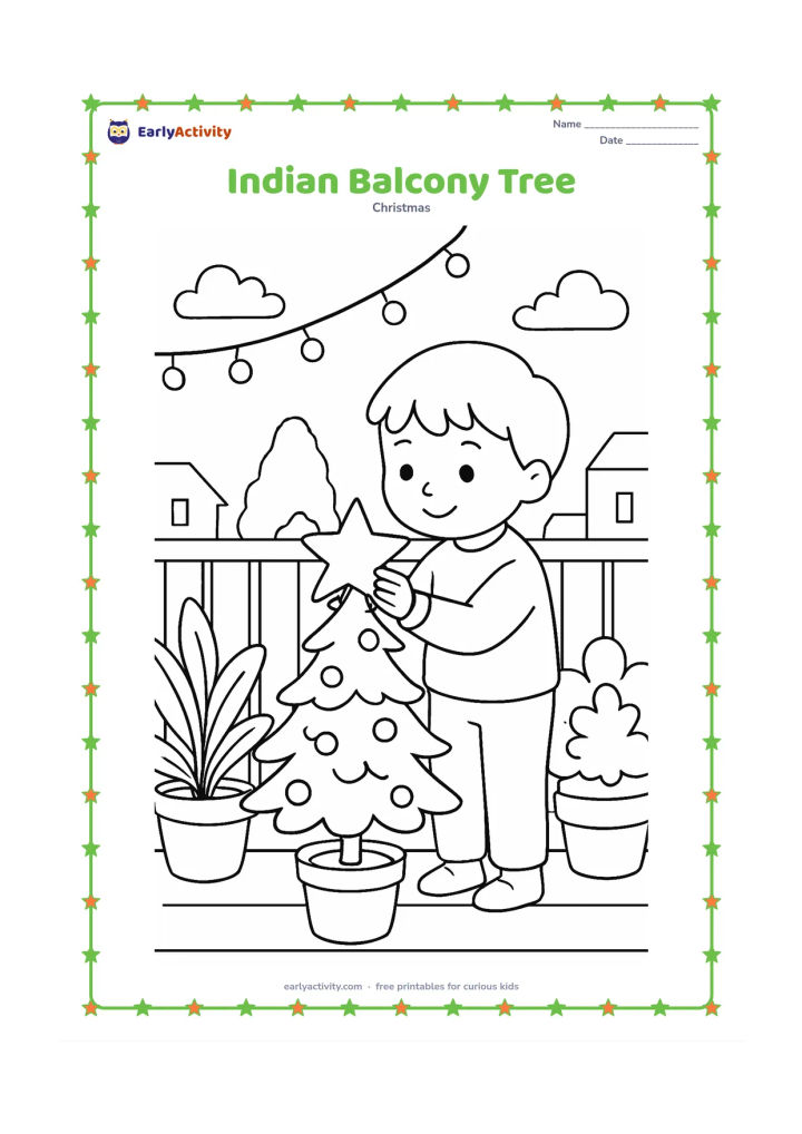 Colouring page: A child decorates a small Christmas tree on an apartment balcony, with potted plants, a simple railing, hanging lights and distant rooftops. Include a large star ornament held in the…