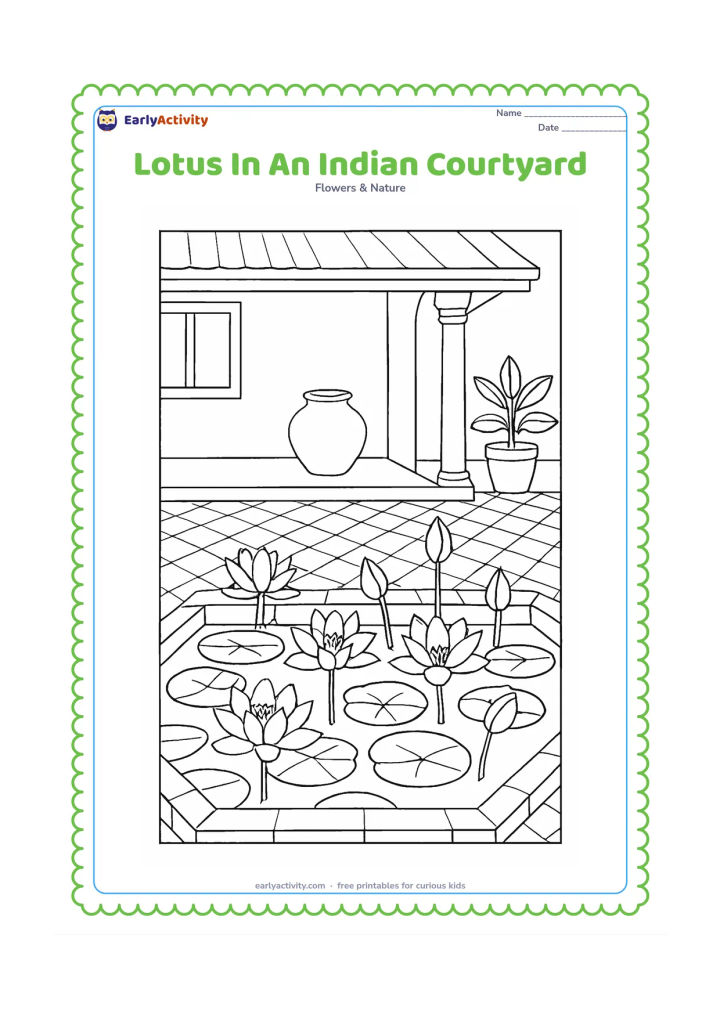 Colouring page: Draw a courtyard scene with lotus plants in a stone-lined water tank, patterned floor tiles, a shaded veranda, a clay pot and potted greenery. Include several open flowers, buds and…
