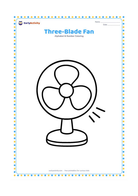 Colouring page: Draw a tabletop fan facing forward, with three broad rounded blades inside a simple circular guard and a sturdy base. Add two short air-flow lines.