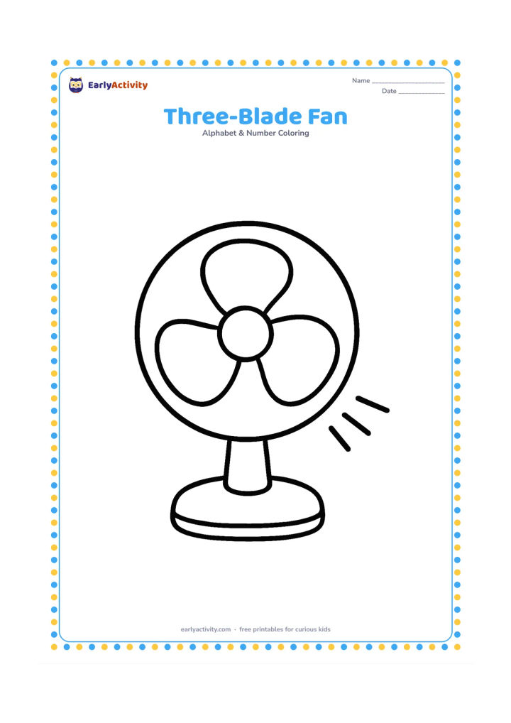 Colouring page: Draw a tabletop fan facing forward, with three broad rounded blades inside a simple circular guard and a sturdy base. Add two short air-flow lines.