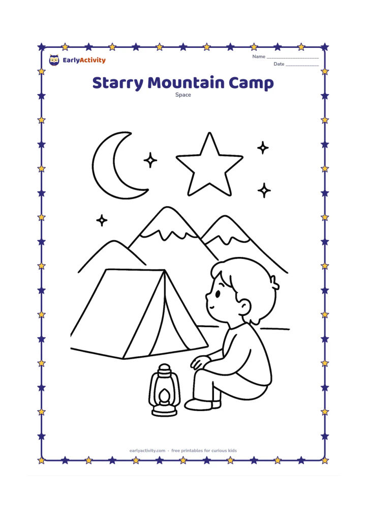 Colouring page: A child sits beside a small camping tent and looks toward a large five-pointed star above mountain peaks. Add a crescent Moon, a lantern without markings and a few stars.