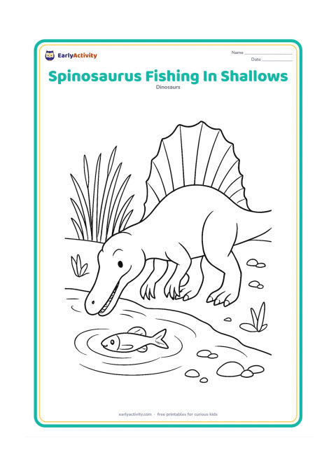 Colouring page: A Spinosaurus reaches into shallow water with its long snout toward a fish, while its tall sail rises above the reeds. Include ripples, a muddy bank, scattered stones and a few…