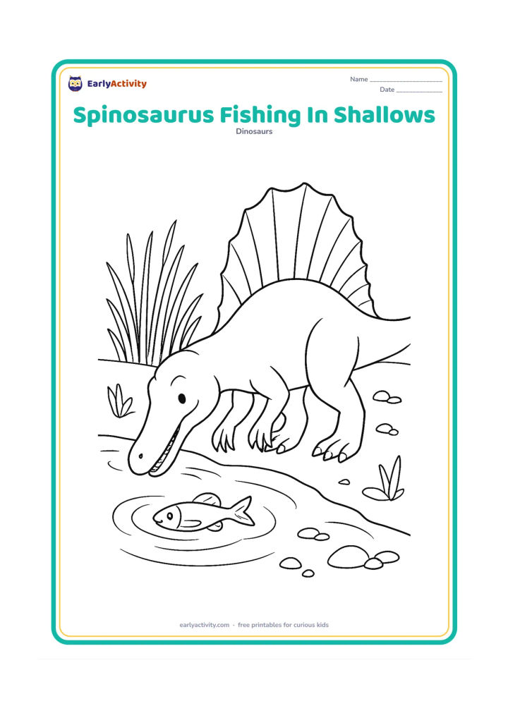 Colouring page: A Spinosaurus reaches into shallow water with its long snout toward a fish, while its tall sail rises above the reeds. Include ripples, a muddy bank, scattered stones and a few…