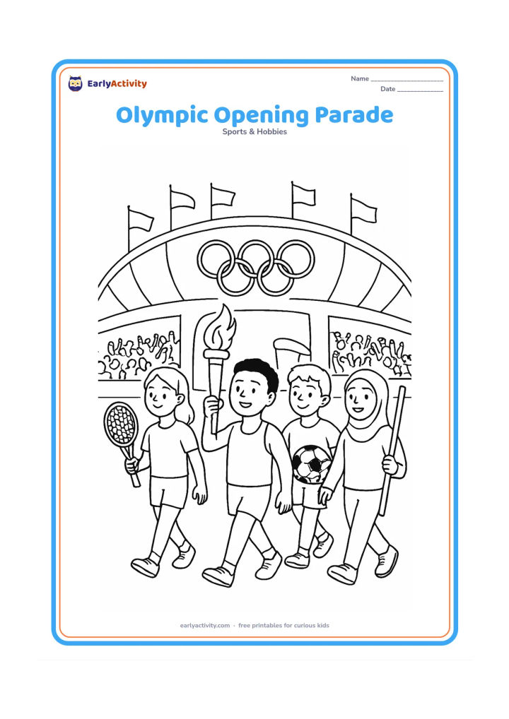 Colouring page: A small group of diverse athletes walks into a stadium carrying a plain Olympic torch, with the five linked Olympic rings above the entrance, a curved roof, flags without symbols and…