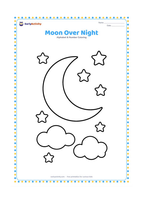 Colouring page: Draw a large crescent moon above two fluffy clouds and several round stars. Leave broad areas of open sky for easy colouring.