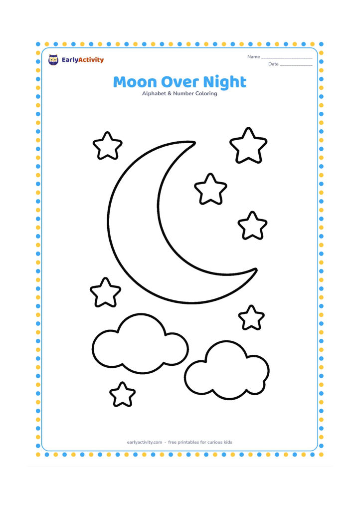 Colouring page: Draw a large crescent moon above two fluffy clouds and several round stars. Leave broad areas of open sky for easy colouring.