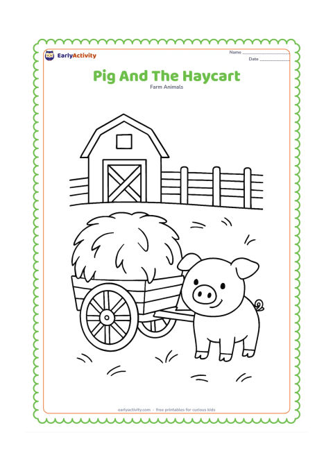 Colouring page: A pig stands beside a simple two-wheeled haycart loaded with a large bundle of hay. Add a farm shed, fence and a few loose straw pieces.