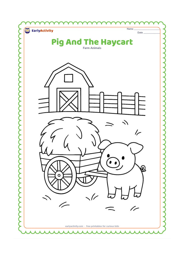 Colouring page: A pig stands beside a simple two-wheeled haycart loaded with a large bundle of hay. Add a farm shed, fence and a few loose straw pieces.