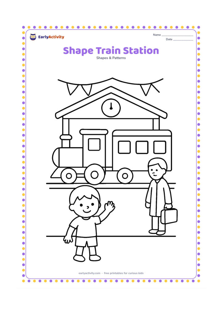 Colouring page: Draw a child waving beside a simple Indian train made from rectangles, circles and square windows, with a station roof, a round clock face without markings and a few triangular flags.…