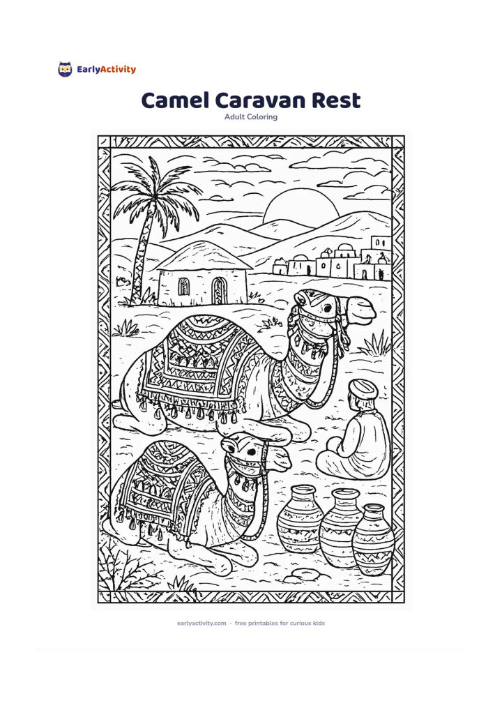 Colouring page: Draw two camels resting near a desert village at sunset, with patterned saddle cloths, a seated traveller, clay water jars, a thorny shrub, a low hut, and distant dunes. Add decorative…