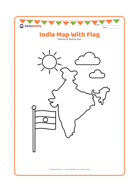 Colouring page: Draw a large, plain outline map of India beside a small Indian flag on a pole, with a simple sun and clouds above. Leave the map empty inside for colouring.