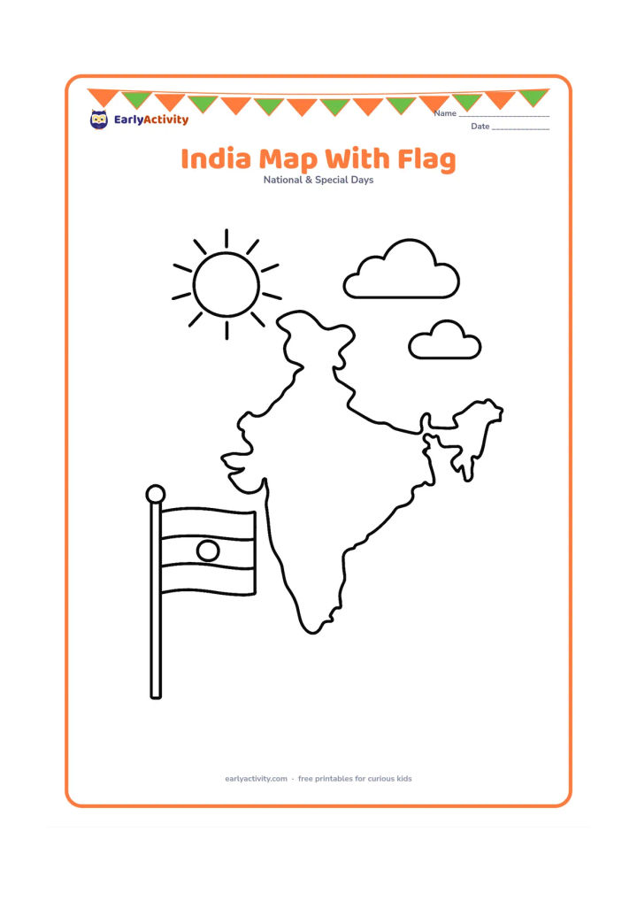 Colouring page: Draw a large, plain outline map of India beside a small Indian flag on a pole, with a simple sun and clouds above. Leave the map empty inside for colouring.