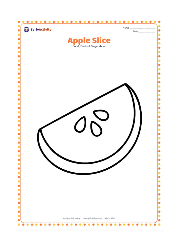 Colouring page: Draw one thick apple slice with a curved peel edge, pale flesh area, and three large seeds. Centre the slice on an empty page.