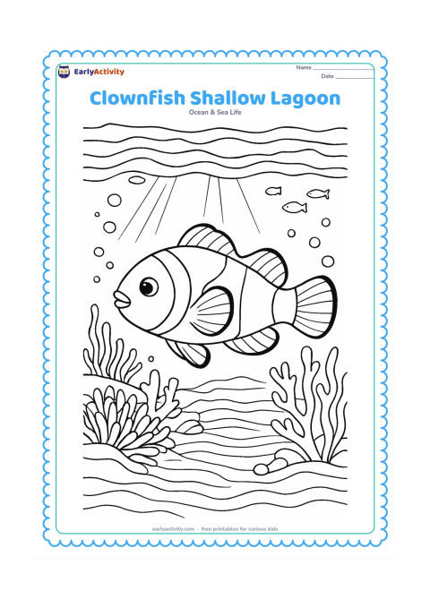 Colouring page: Draw a clownfish swimming through a clear shallow lagoon with ripples at the water surface, visible sandy patterns, anemones, coral, seaweed, bubbles, and a few distant fish. Include…