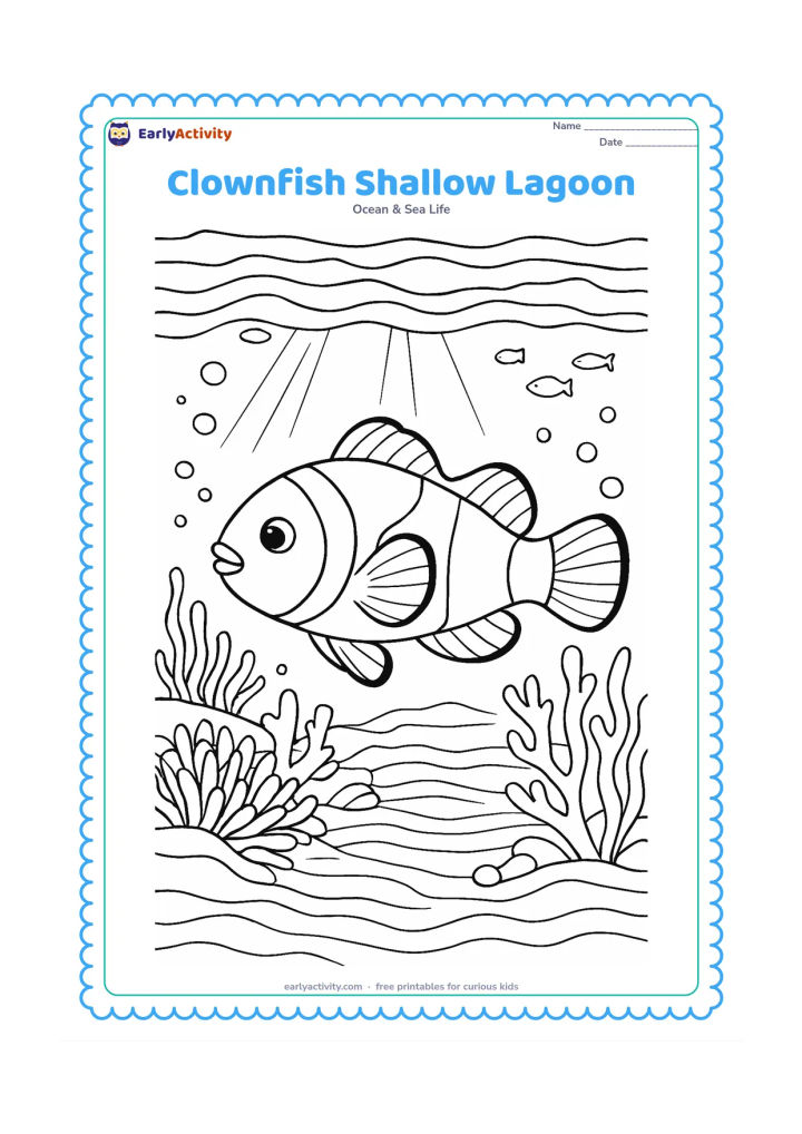 Colouring page: Draw a clownfish swimming through a clear shallow lagoon with ripples at the water surface, visible sandy patterns, anemones, coral, seaweed, bubbles, and a few distant fish. Include…