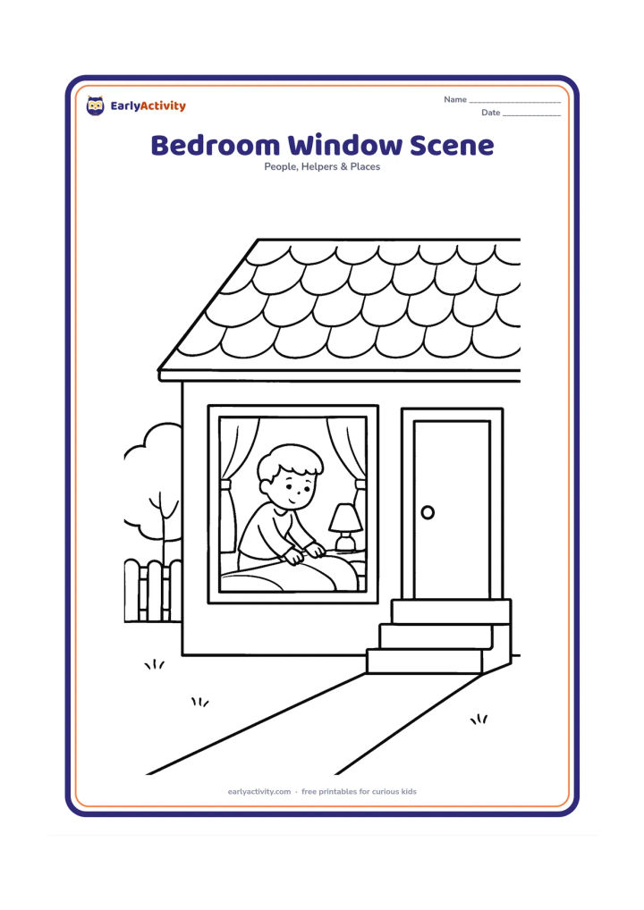 Colouring page: Draw the outside of a house with a bedroom window, roof, door, steps and curtains visible through the window. Show a child arranging a bed and a bedside lamp inside, with a tree and…