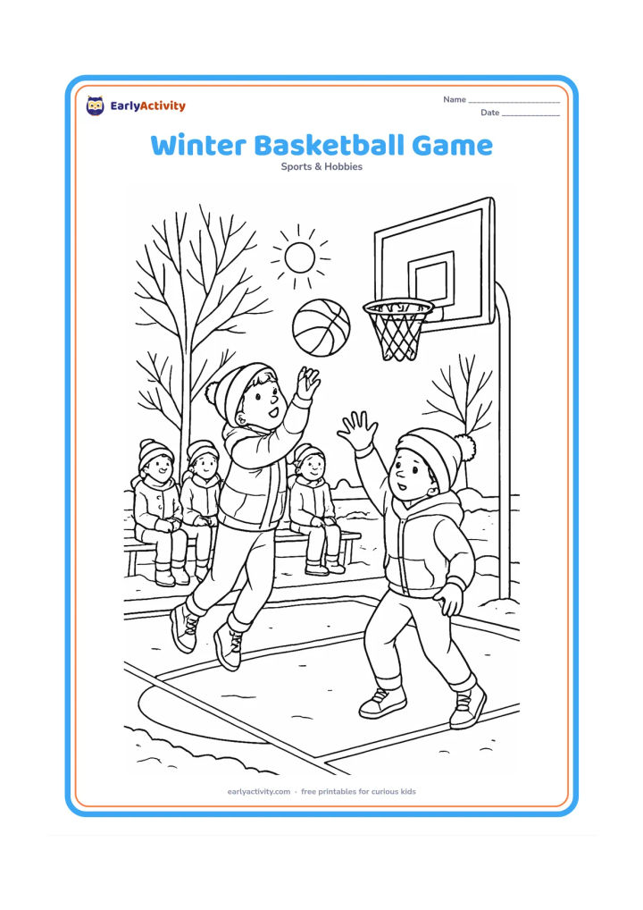 Colouring page: Players compete on an outdoor court in winter, with one child shooting, bundled spectators on benches, bare trees, a low sun, and light snow on the court edges. Keep the game friendly…