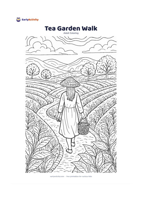 Colouring page: A person walks along a winding path through a tea garden carrying a small basket, with rows of tea bushes, distant hills, shade trees and a few clouds. Use clear spaces within the…