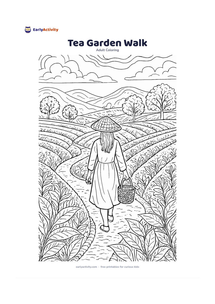 Colouring page: A person walks along a winding path through a tea garden carrying a small basket, with rows of tea bushes, distant hills, shade trees and a few clouds. Use clear spaces within the…
