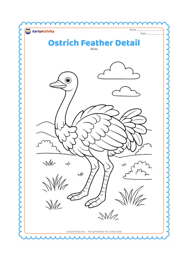 Colouring page: An ostrich stands three-quarters toward the viewer with its wings partly open, revealing layered feathers along the wings, body and tail. Place it in a lightly detailed grassland with…