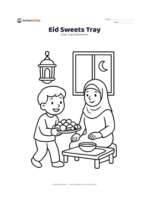 Worksheet: A child carries a tray of round sweets and dates toward a seated family member at a low table. Add a lantern, a window, and a crescent moon in the background, leaving space on one side…