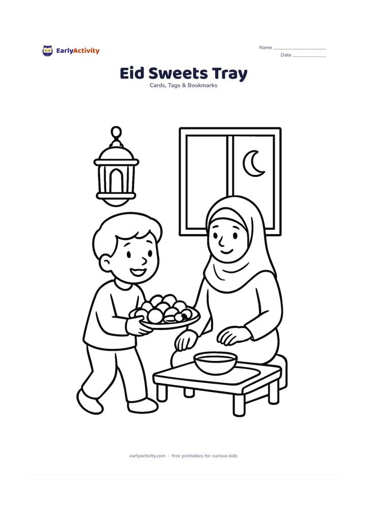Worksheet: A child carries a tray of round sweets and dates toward a seated family member at a low table. Add a lantern, a window, and a crescent moon in the background, leaving space on one side…